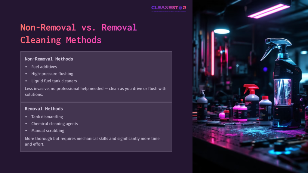 Comparison Chart Outlining Non-Removal And Removal Methods For Cleaning Fuel Tanks, With Pink And Purple Accents And Various Cleaning Products.