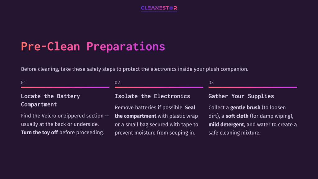 3 Pre Clean Preparations 1 Instructions On Cleaning Stuffed Animals With Batteries, Featuring Headings In White On A Purple Background, With Step-By-Step Preparation Guidance.