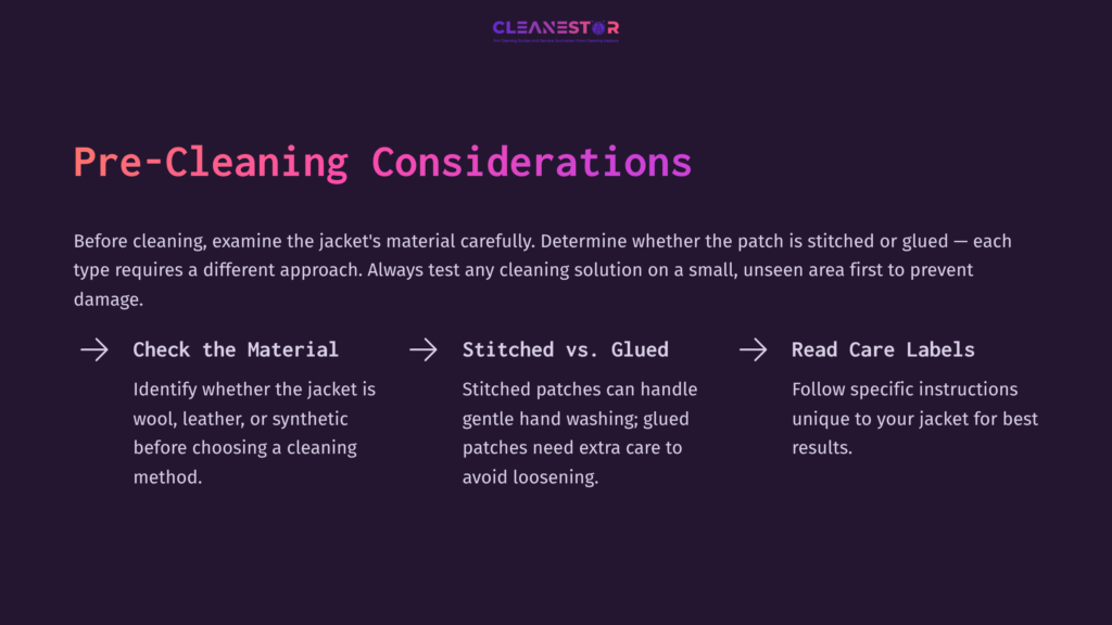 Pre-Cleaning Considerations With Headings On Cleaning Materials, Care For Stitched Vs. Glued Patches, And Caution For Care Labels; Purple Background.