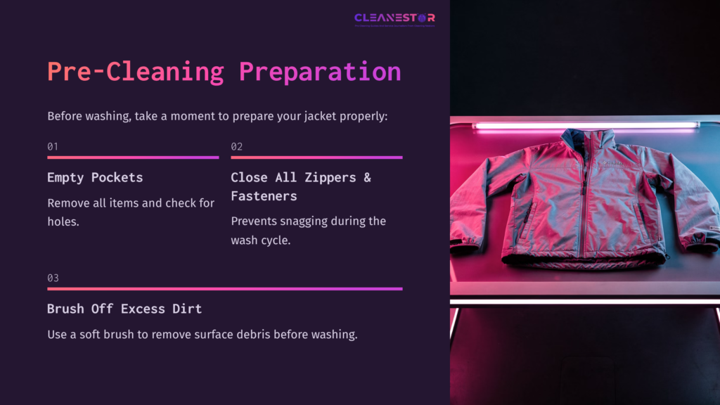 Columbia Jacket Laid Flat Against A Colorful Gradient Background, Accompanied By Pre-Cleaning Tips In Bold Text.