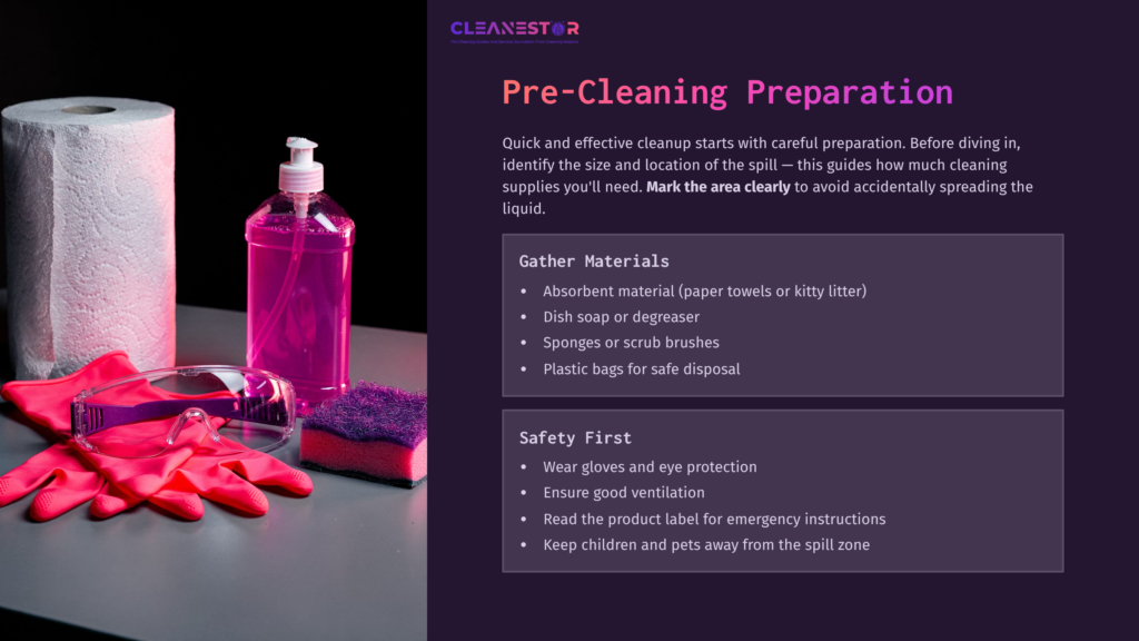 Brightly Colored Cleaning Supplies Arranged For A Pre-Cleaning Setup, Including A Pink Spray Bottle, Gloves, A Sponge, And Safety Instructions.