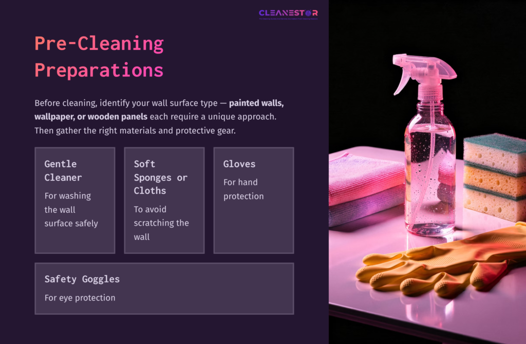 A Spray Bottle, Yellow Gloves, And Safety Goggles On A Dark Background, Accompanied By Preparation Tips For Cleaning Bug Spray Off Walls.