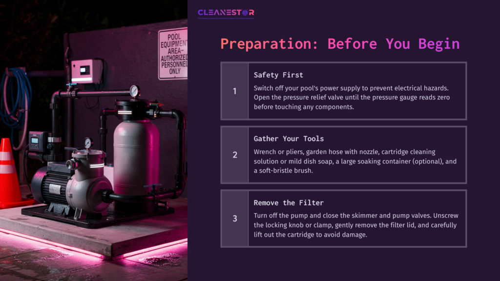Illustration Of A Pentair Clean And Clear Cartridge Filter Setup Beside A Pool, With Safety Instructions And Tools For Cleaning Listed.