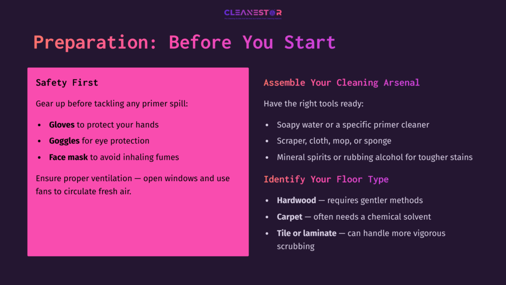 Graphic With Pink And Purple Background Detailing Safety Tips For Cleaning Primer Off The Floor, Including Tool Assembly And Floor Type Identification.