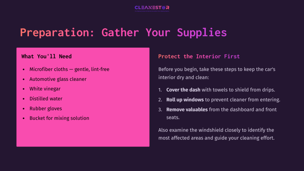 Bullet Points List On A Dark Background, Detailing Supplies For Cleaning Car Windshields, With A Bright Pink Box Highlighting The Items Needed.