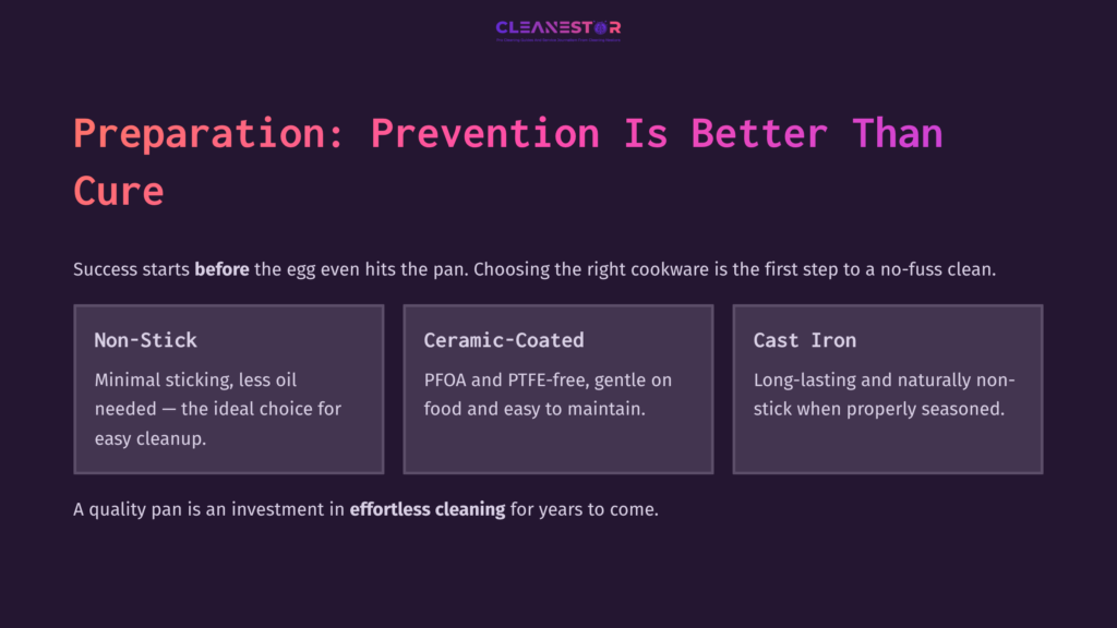 Text On A Dark Purple Background Outlines Three Pan Types For Cooking Scrambled Eggs: Non-Stick, Ceramic-Coated, And Cast Iron.