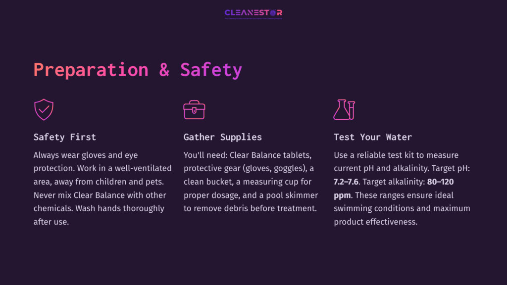 Text On A Dark Purple Background Outlines Safety Tips For Using Arm And Hammer Clear Balance, Including Preparation Steps And Equipment Needed.