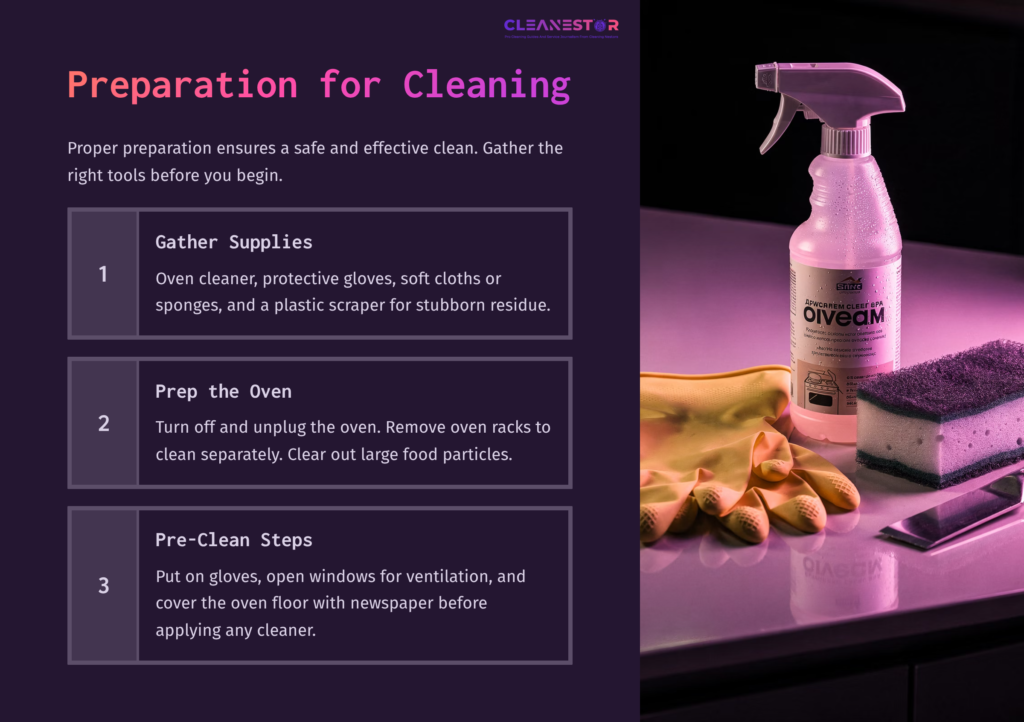 Preparation For Cleaning An Oven, Featuring A Spray Cleaner, Gloves, Sponges, And Instructions Against A Dark Background.