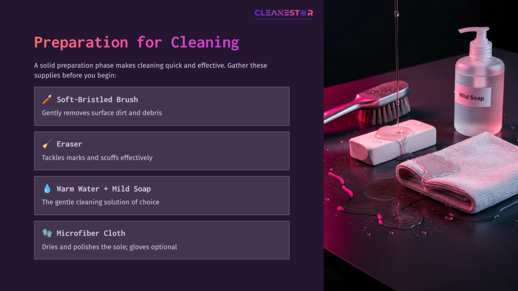 Supplies For Cleaning: Soft-Bristled Brush, Eraser, Warm Soapy Water, Microfiber Cloth, With Spilled Soap And Brushes In A Pink Backdrop.