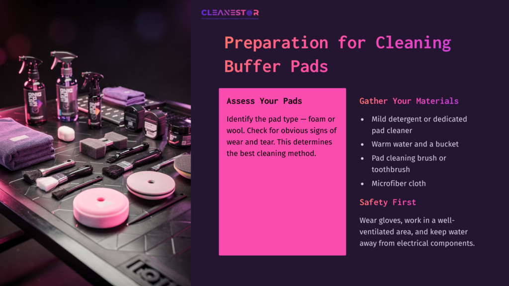 Tools And Materials For Cleaning Car Wax Buffer Pads Are Arranged On A Black Surface, Including Cleaning Agents, Brushes, And Cloths.