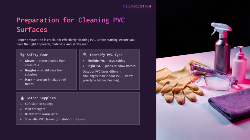3 Preparation For Cleaning Pvc Surfaces Yellow Gloves And A Pink Spray Bottle Are Set On A Table, Alongside A Microfiber Cloth, Against A Purple Background With Cleaning Instructions.