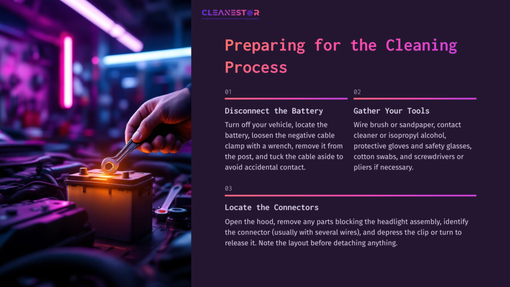 3 Preparing For The Cleaning Process Instructions On Cleaning Headlight Connectors With Steps To Disconnect The Battery And Gather Tools, Featuring A Colorful Workshop Background.