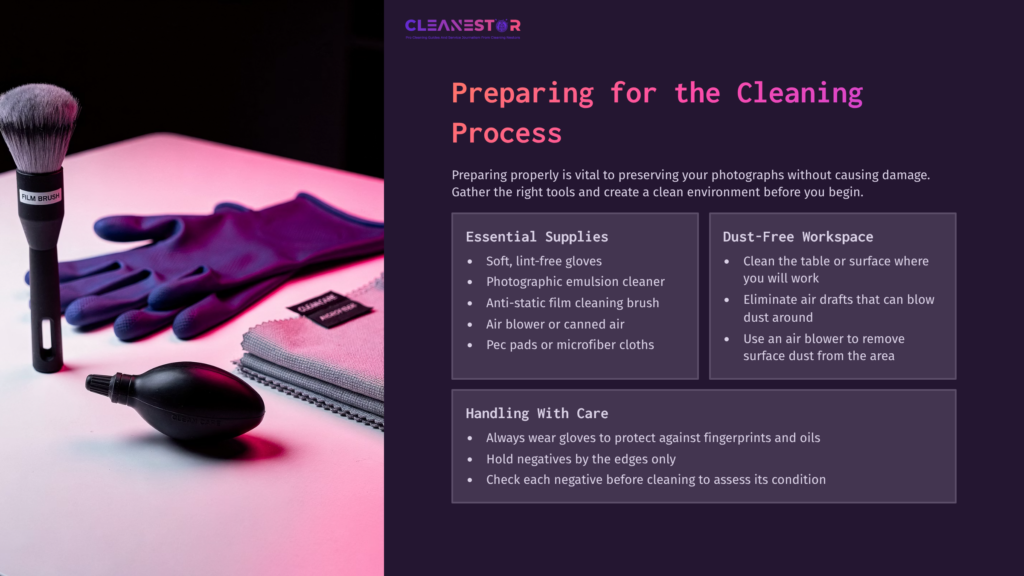 Tools For Cleaning Film Negatives Include A Soft Brush, Lint-Free Gloves, Cleaning Cloths, And A Dust-Free Workspace On A Pink Background.