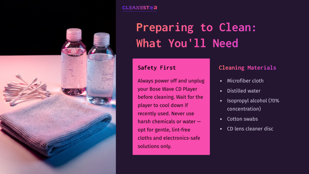 Two Bottles Of Distilled Water And Isopropyl Alcohol Sit Beside A Microfiber Cloth, Cotton Swabs, And A Cd Lens Cleaner Disc On A Table.