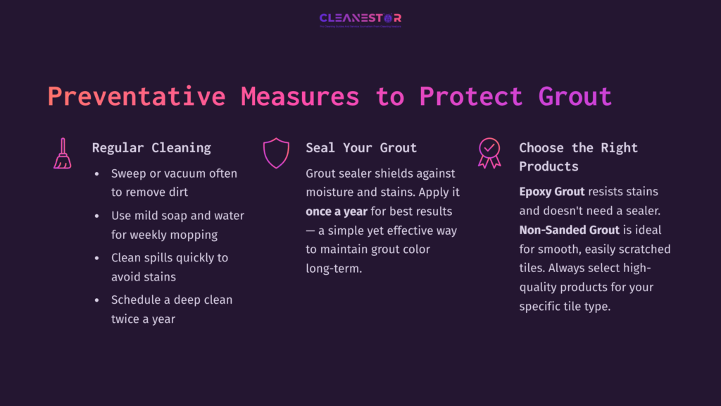Bright Purple Background With White Text Detailing Preventive Measures For Grout Care. Sections Highlight Regular Cleaning, Sealing, And Product Choices.