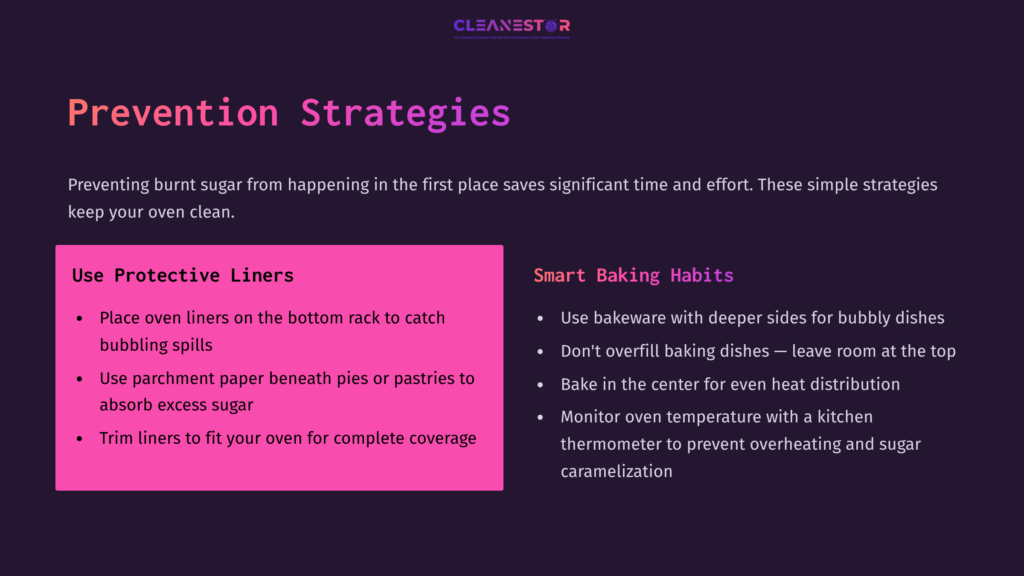 Text On A Dark Background Outlines Prevention Strategies For Burnt Sugar, Featuring A Pink Box With Tips On Oven Liners And Baking Habits.