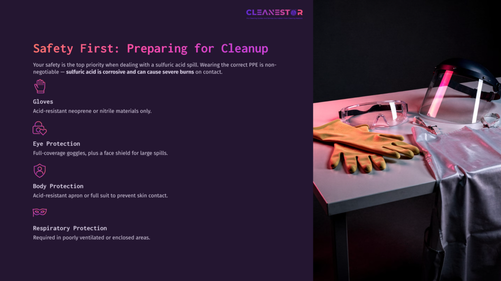 3 Safety First Preparing For Cleanup Gloves, Goggles, And Protective Clothing On A Table Beside A Warning Sign, Emphasizing Safety Measures For Handling Sulfuric Acid.
