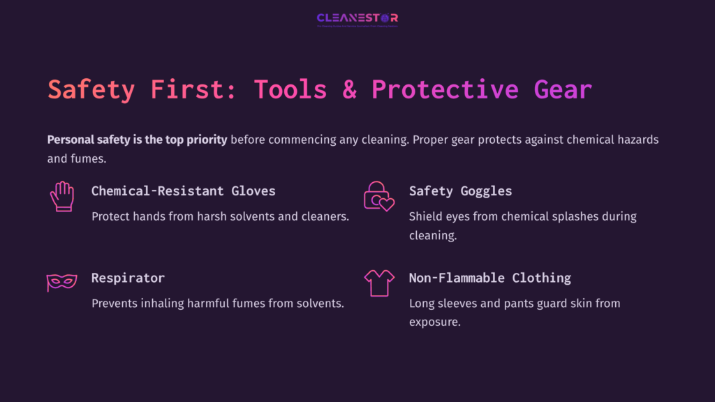 Tools And Protective Gear For Cleaning Varnish, Including Gloves, Goggles, Respirator, And Non-Flammable Clothing, On A Dark Background.
