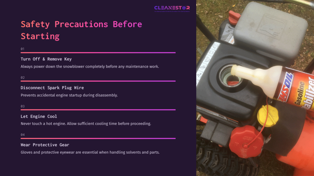 Safety Precautions Listed Next To A Snowblower'S Fuel Tank, Featuring A Red Oil Container And Dark-Colored Background Elements.