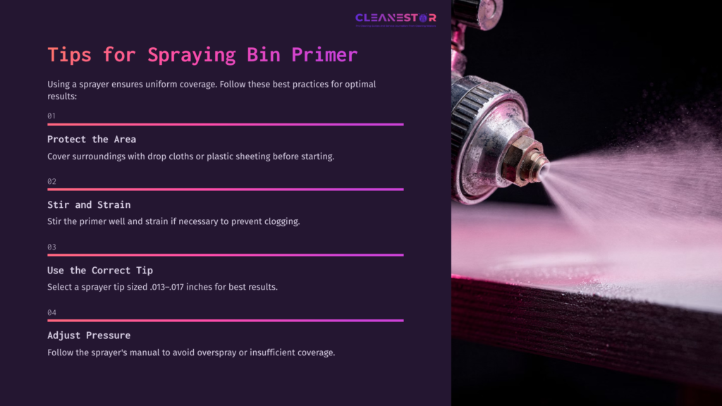 Spray Nozzle With Pink Primer Mist Against A Dark Purple Background; Text On Best Practices For Applying Bin Primer.