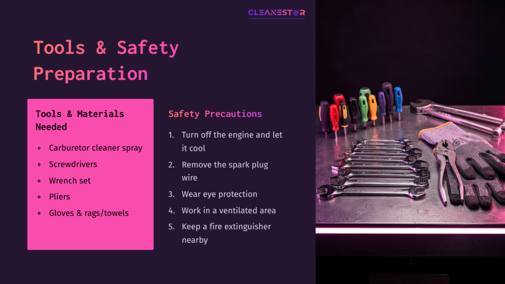 3 Tools And Safety Preparation Tools And Materials For Snowblower Maintenance, Featuring A Variety Of Colorful Tools And Safety Precautions On A Dark Background.