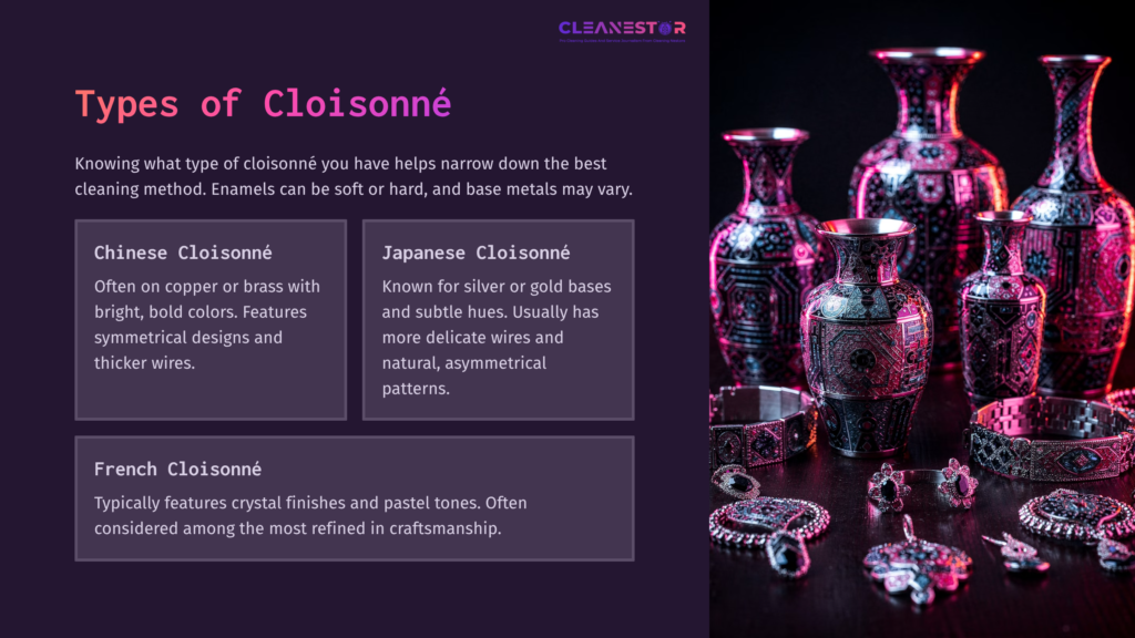 Three Sections Detailing Types Of Cloisonné, Featuring Colorful Vase Images With Floral Designs, Set Against A Dark Purple Background.