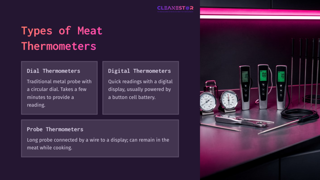Three Types Of Meat Thermometers Are Displayed: Dial, Digital, And Probe, With A Sleek Pink And Purple Background And Clear Labels.