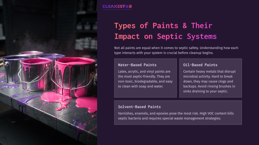 Two Metal Paint Cans Spill Pink Paint On A Work Surface, Alongside Text Detailing Types Of Paints And Their Effects On Septic Systems.