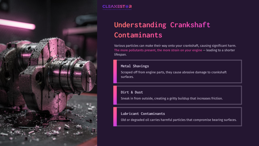Crankshaft With Metal Shavings And Contaminants Highlighted, Accompanied By Explanatory Text. Dark Background With Pink Accents.