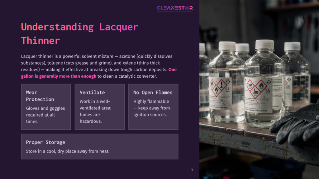 Bottles Of Cleanestor Lacquer Thinner Sit On A Workbench, With Safety Instructions And Hazard Symbols Visible On The Labels. Gloves And Safety Goggles Are Laid Out Nearby, Suggesting A Workspace For Automotive Detailing Or Restoration.