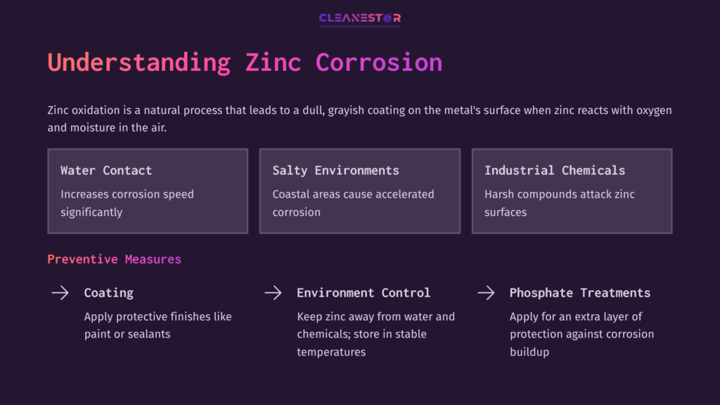 Overview Of Zinc Corrosion With Purple Background, Showcasing Protective Measures, Corrosive Environments, And Industrial Chemicals In A Structured Layout.