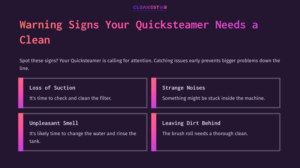 3 Warning Signs Your Quicksteamer Needs A Clean Warning Signs For Cleaning A Quicksteamer: Loss Of Suction, Strange Noises, Unpleasant Smell, And Leaving Dirt Behind, In A Purple Layout.