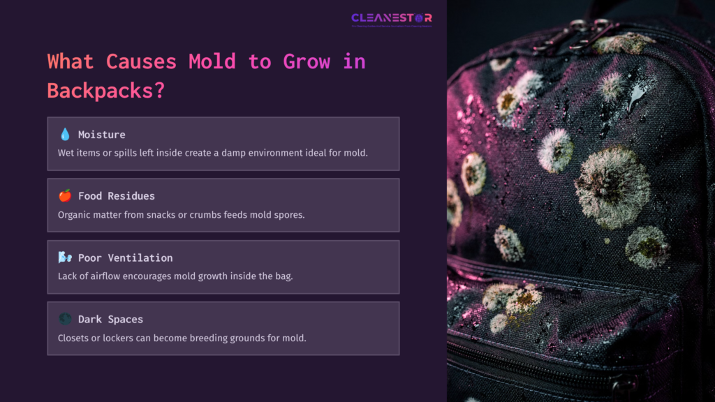 Text On A Purple Background Highlights Causes Of Mold In Backpacks: Moisture, Food Residues, Poor Ventilation, And Dark Spaces, Alongside A Close-Up Of A Floral-Patterned Backpack.
