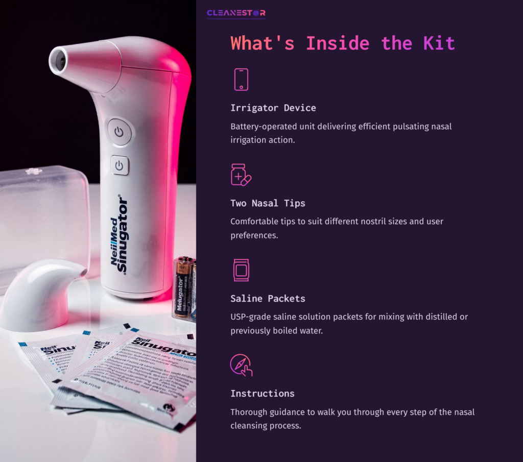 3 Whats Inside The Kit Irrigator Device With Pink Accents, Two Nasal Tips, Saline Packets, And Instruction Booklet On A Dark Background, Illustrating Kit Components.
