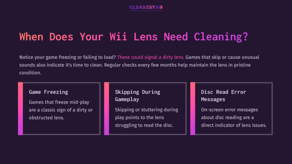 Text On A Dark Background Outlines When To Clean A Wii Lens, Highlighting Symptoms Like Freezing, Skipping, And Disc Read Errors.