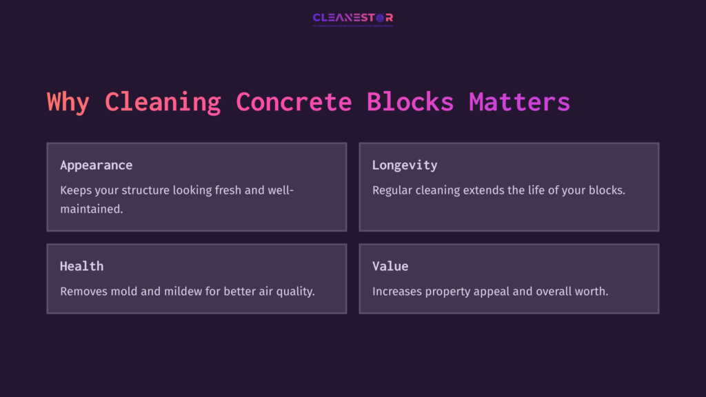 Four Blocks Of Text On A Dark Purple Background Highlight Benefits Of Cleaning Concrete Blocks: Appearance, Longevity, Health, And Value.
