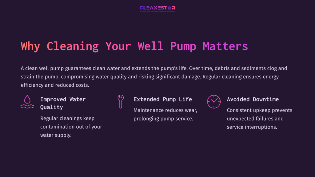 Text On A Dark Purple Background Emphasizes The Importance Of Well Pump Cleaning, Featuring Points On Water Quality And Maintenance.