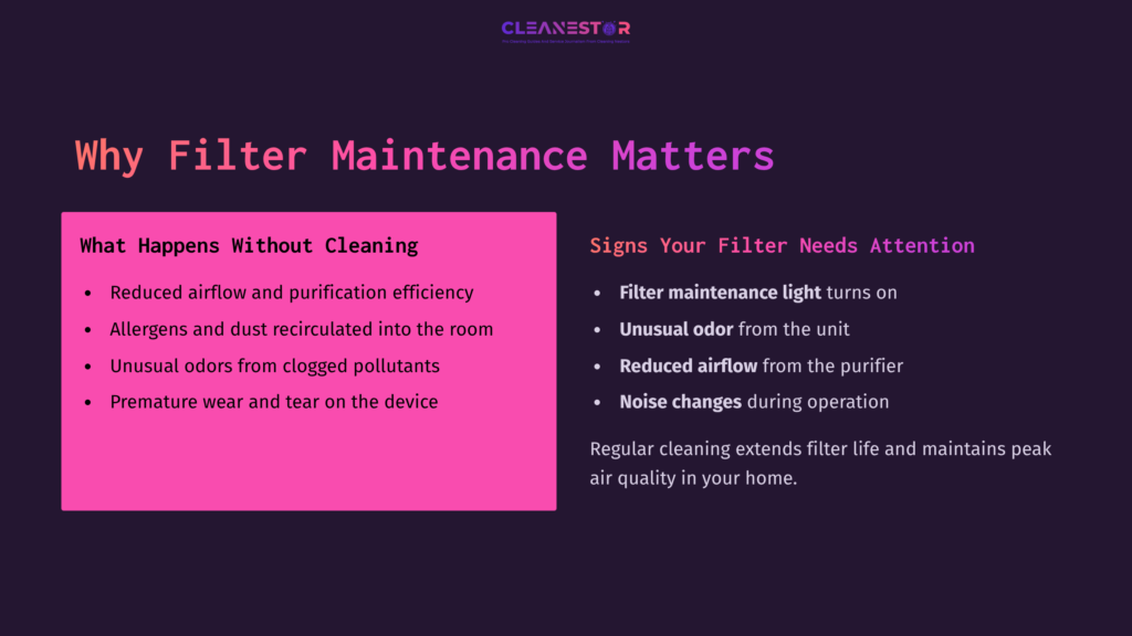 Text-Heavy Infographic With A Dark Background, Featuring A Pink Box Highlighting Cleaning Benefits And Signs Of Filter Maintenance Needed.