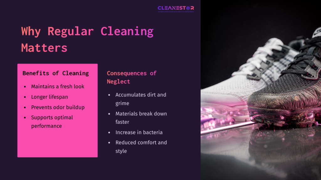 Split Image Highlighting Vapormax Shoes; Left Side Lists Cleaning Benefits, While The Right Side Shows A Dirty Shoe With Contrasting Colors.
