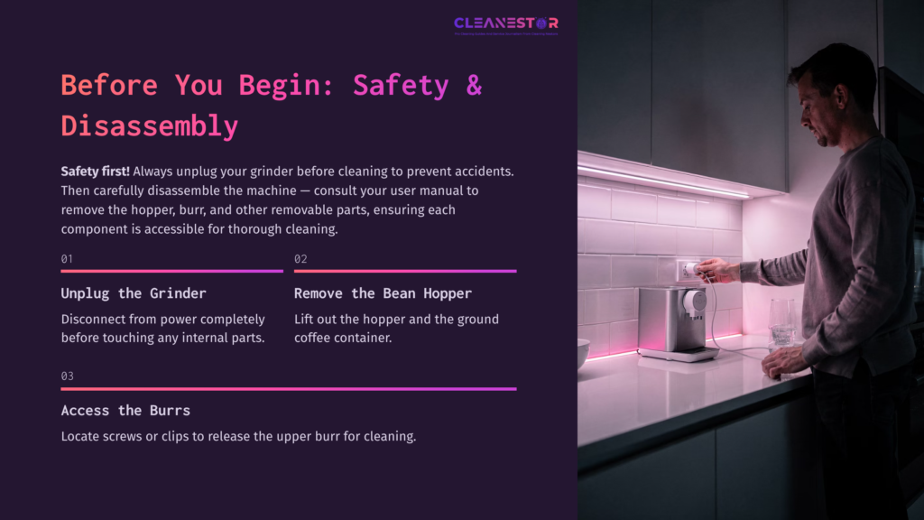 4 Before You Begin Safety And Disassembly 1 A Person Disconnects A Capresso Burr Grinder From Power While Removing The Bean Hopper In A Modern Kitchen Setting.