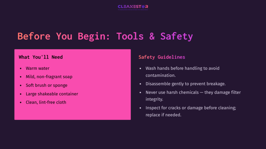 Bright Pink Box Lists Tools Needed For Cleaning A Katadyn Befree Water Filter, With Safety Guidelines In White Text On A Dark Background.