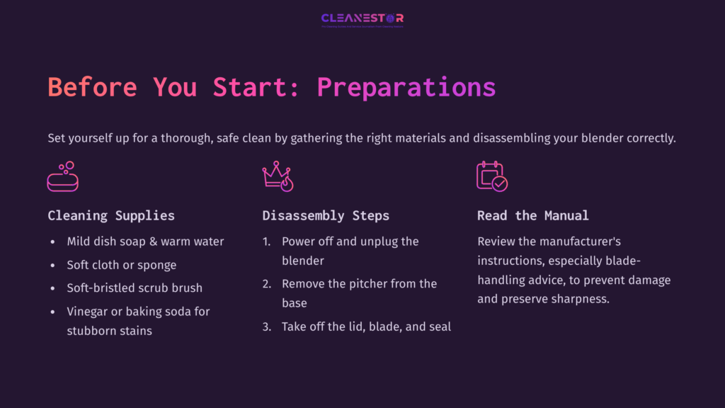 Instructions For Cleaning A Pampered Chef Blender, Featuring Sections On Supplies, Disassembly Steps, And Reading The Manual, On A Purple Background.