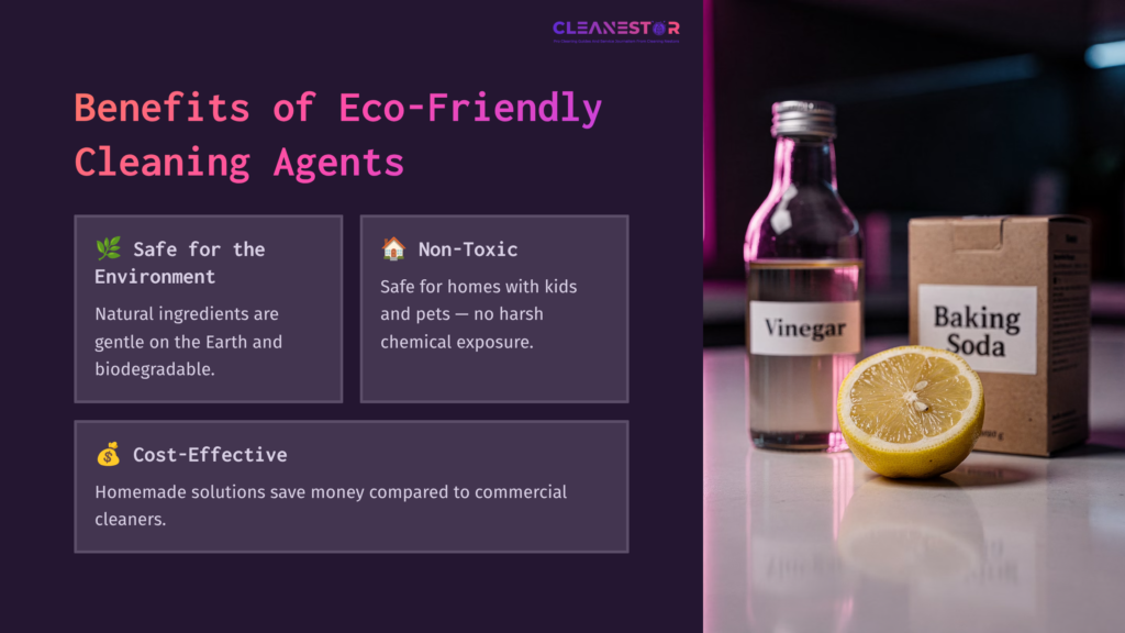 Graphic Illustrating Eco-Friendly Cleaning Agents With A Bottle Of Vinegar, A Box Of Baking Soda, A Lemon, And Text Highlighting Benefits.