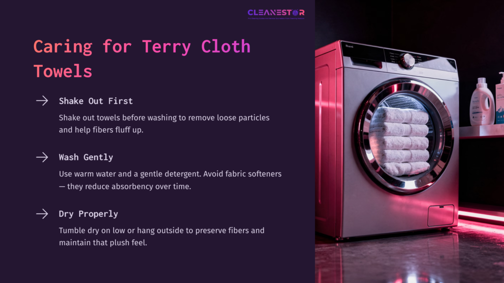 Brightly Lit Laundry Room With A Modern Washing Machine Featuring A Large Circular Door. Text Instructions On Caring For Terry Cloth Towels.