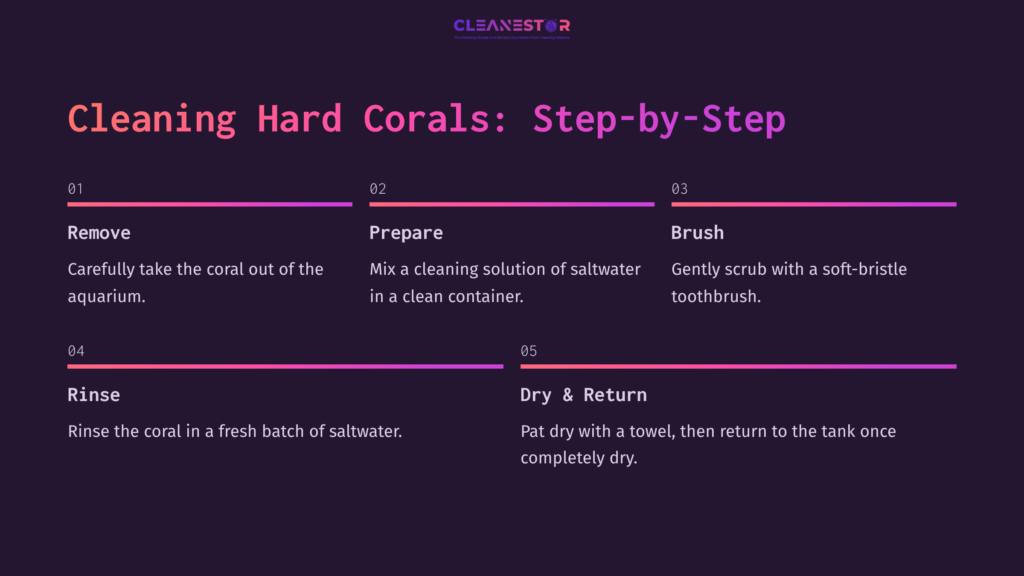 Step-By-Step Guide On Cleaning Hard Corals, Featuring Numbered Instructions On A Dark Background With Pink Accents.