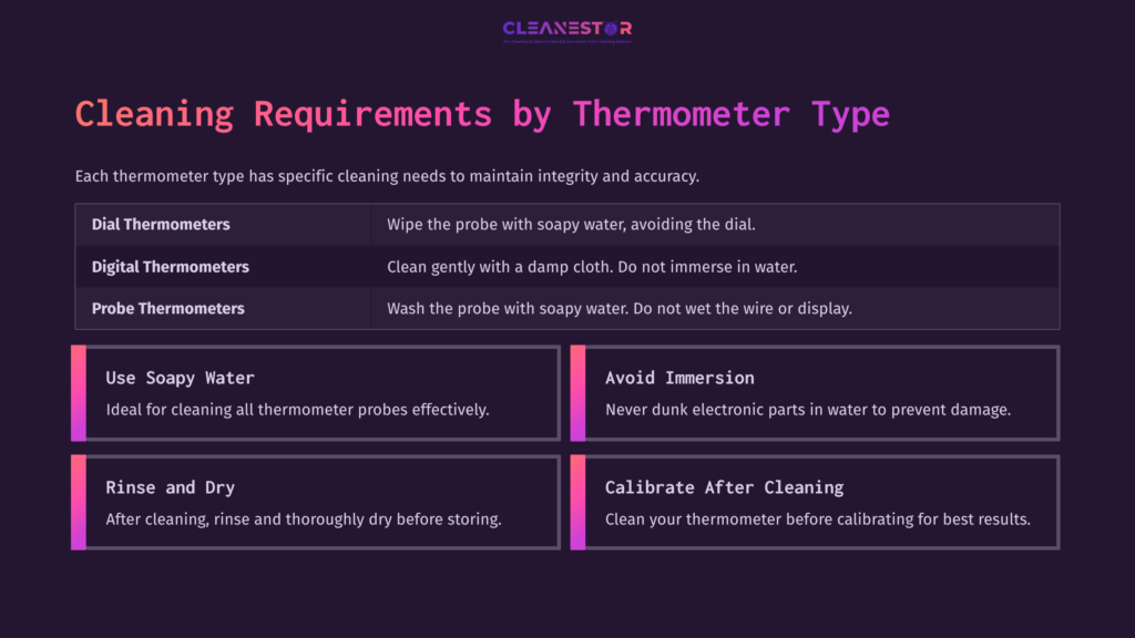 Infographic Outlining Cleaning Instructions For Dial, Digital, And Probe Thermometers, Featuring A Dark Background With Colorful Text And Icons.