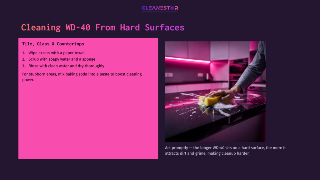 A Hand Scrubbing A Hard Surface With A Yellow Sponge, Surrounded By A Pink And Black Kitchen Backdrop, Illustrating Wd-40 Cleanup Tips.