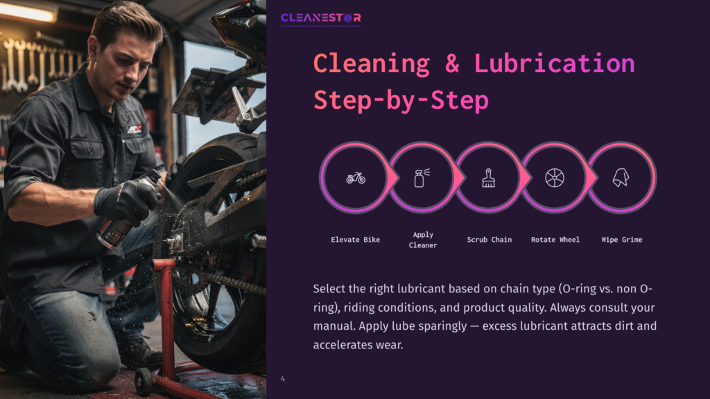 4 Cleaning And Lubrication Step By Step Man Cleaning A Motorcycle Chain With Spray Lubricant, With A Graphic Overlay Detailing The Cleaning And Lubrication Step-By-Step Process: Elevate Bike, Apply Cleaner, Scrub Chain, Rotate Wheel, Wipe Grime.
