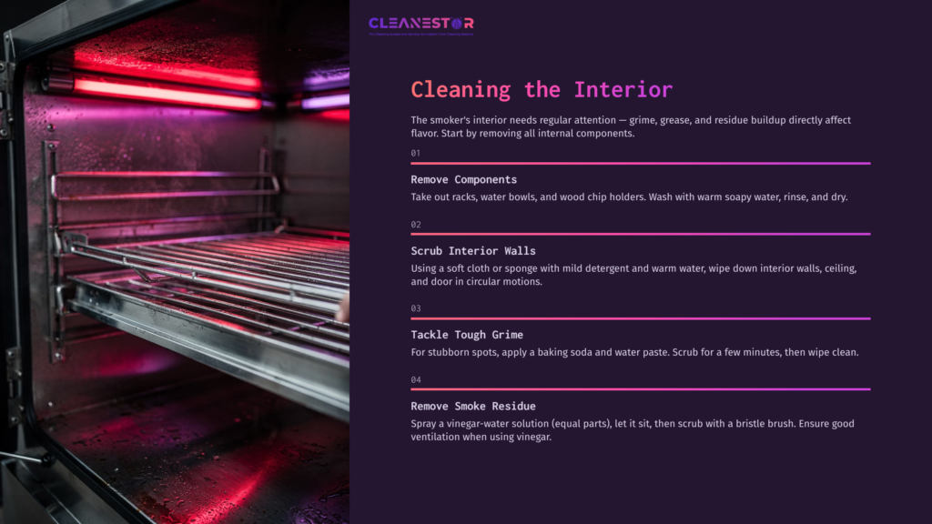 Interior Of A Masterbuilt Smoker, Showcasing Metal Racks And Glowing Purple And Red Lights, With Cleaning Steps Listed On The Right.