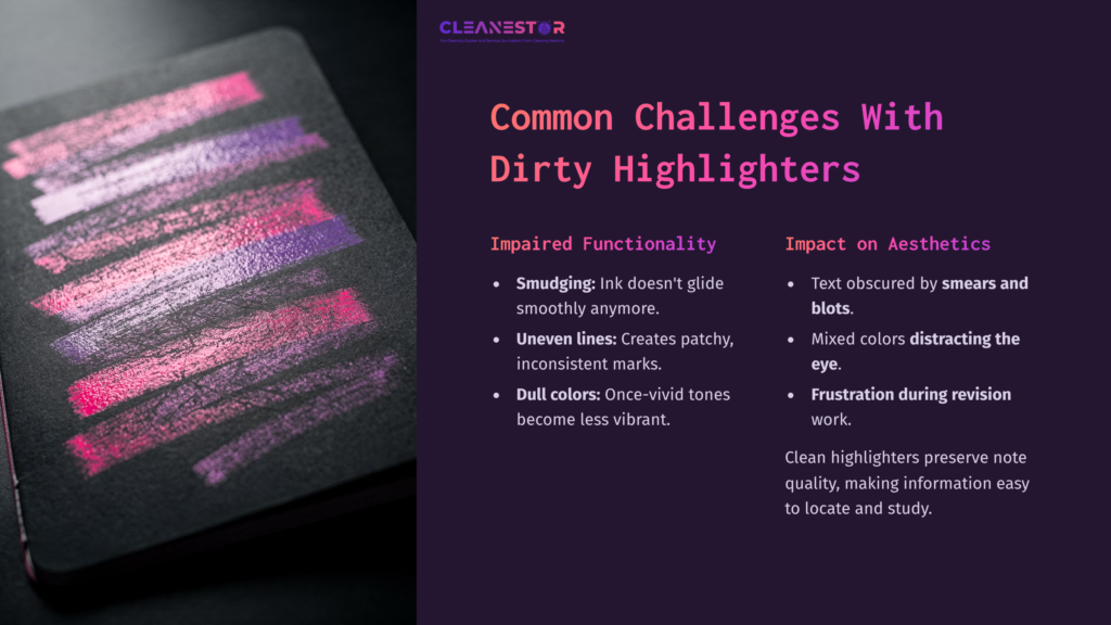 Highlighter Marks In Vibrant Pink, Purple, And Blue On A Dark Notebook Page Alongside Text Outlining Challenges Of Dirty Highlighters.